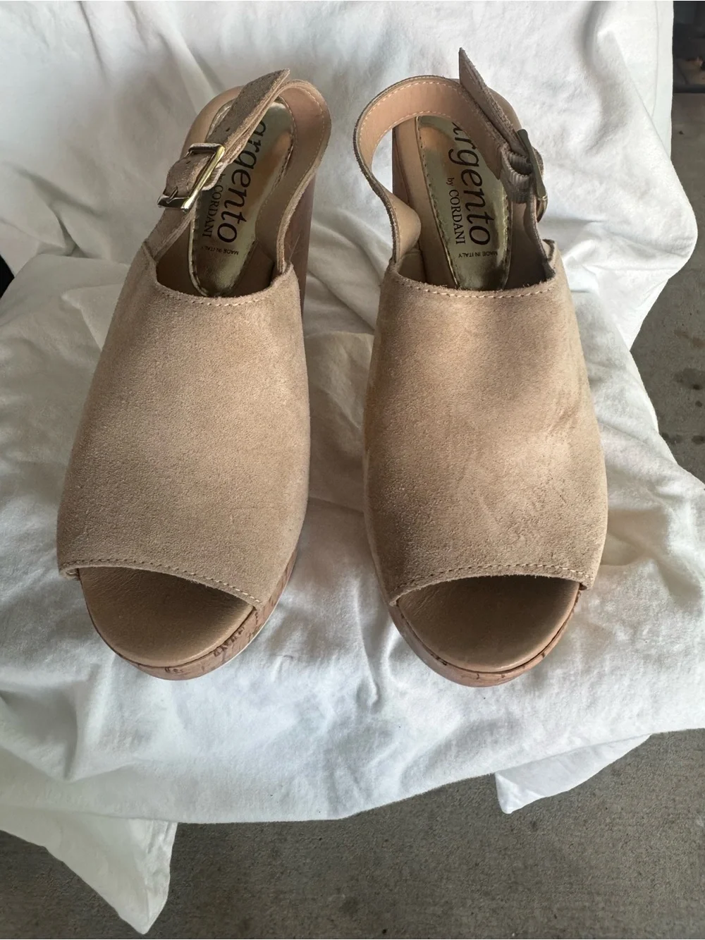 Cordani Beige Suede Peep-Toe Slingback Wedges